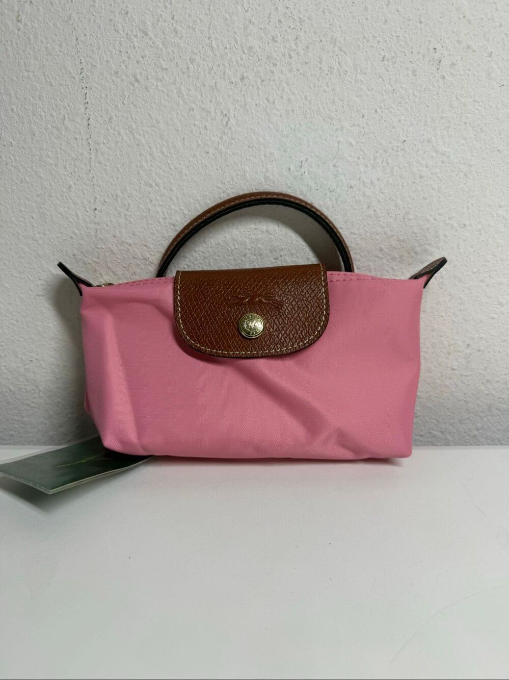 Longchamp Mini Le Pliage Nylon Guimauve Blush Pink Brown Top Handle Bag + Strap